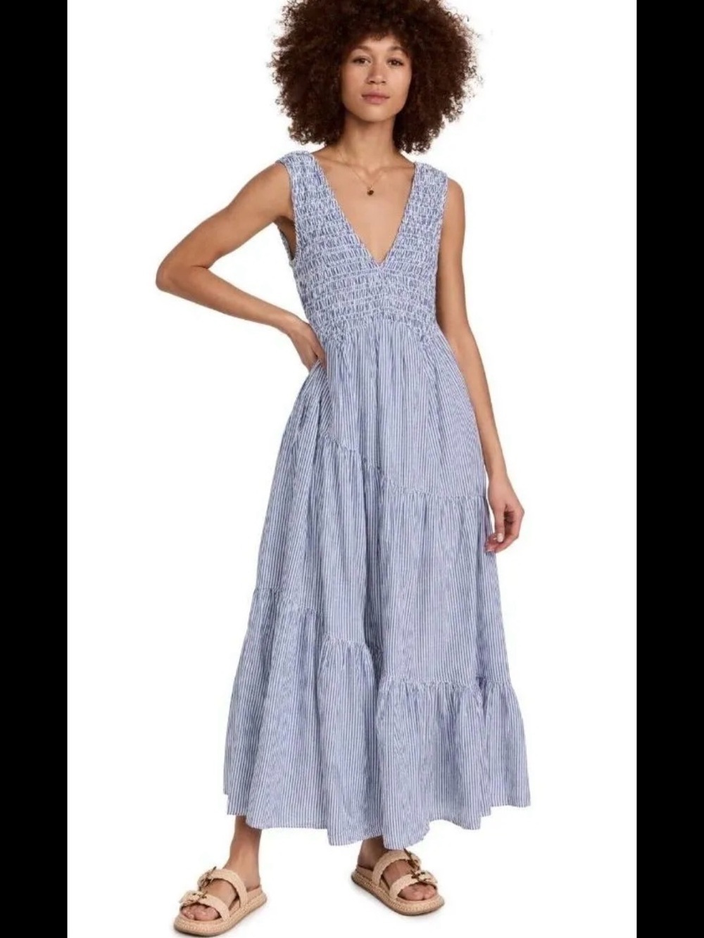 Free People Juno Smocked Maxi Dress Blue Striped Tiered Lined Boho Coastal Sz L